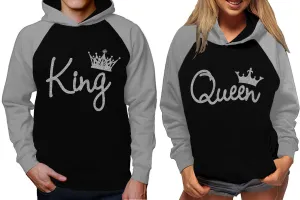 King and Queen Couples Raglan Hoodies in Grey & Black – Stylish Pullover Design | Sold Separately for Men & Women