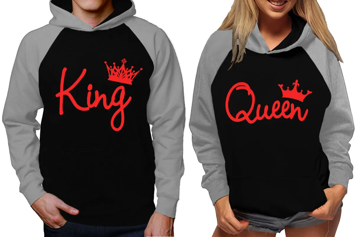 King and Queen Couples Raglan Hoodies in Grey & Black – Stylish Pullover Design | Sold Separately for Men & Women