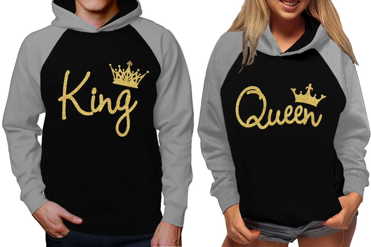 King and Queen Couples Raglan Hoodies in Grey & Black – Stylish Pullover Design | Sold Separately for Men & Women