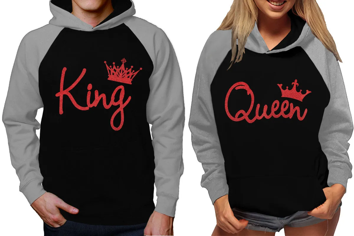 King and Queen Couples Raglan Hoodies in Grey & Black – Stylish Pullover Design | Sold Separately for Men & Women