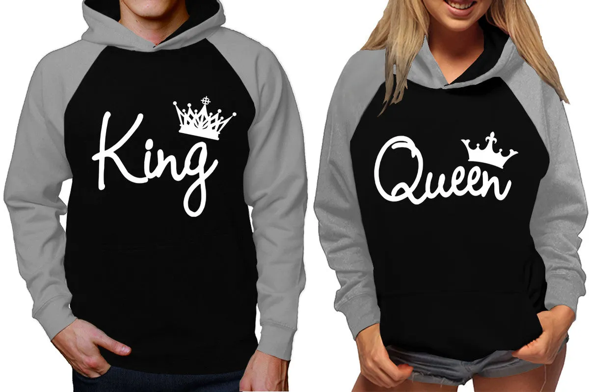 King and Queen Couples Raglan Hoodies in Grey & Black – Stylish Pullover Design | Sold Separately for Men & Women