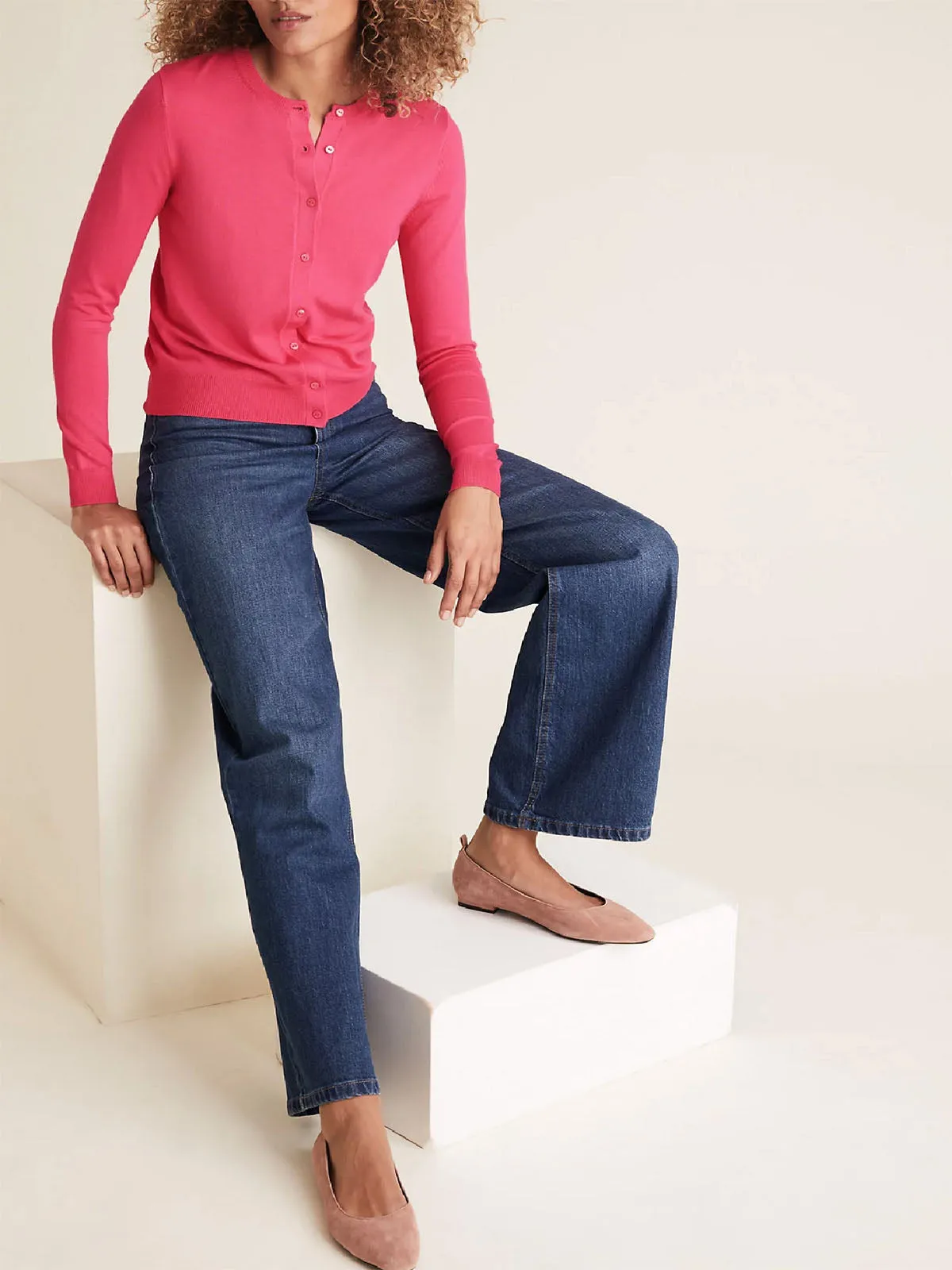 Ladies Hot Pink Soft Knit Crew Neck Button Down Cardigan