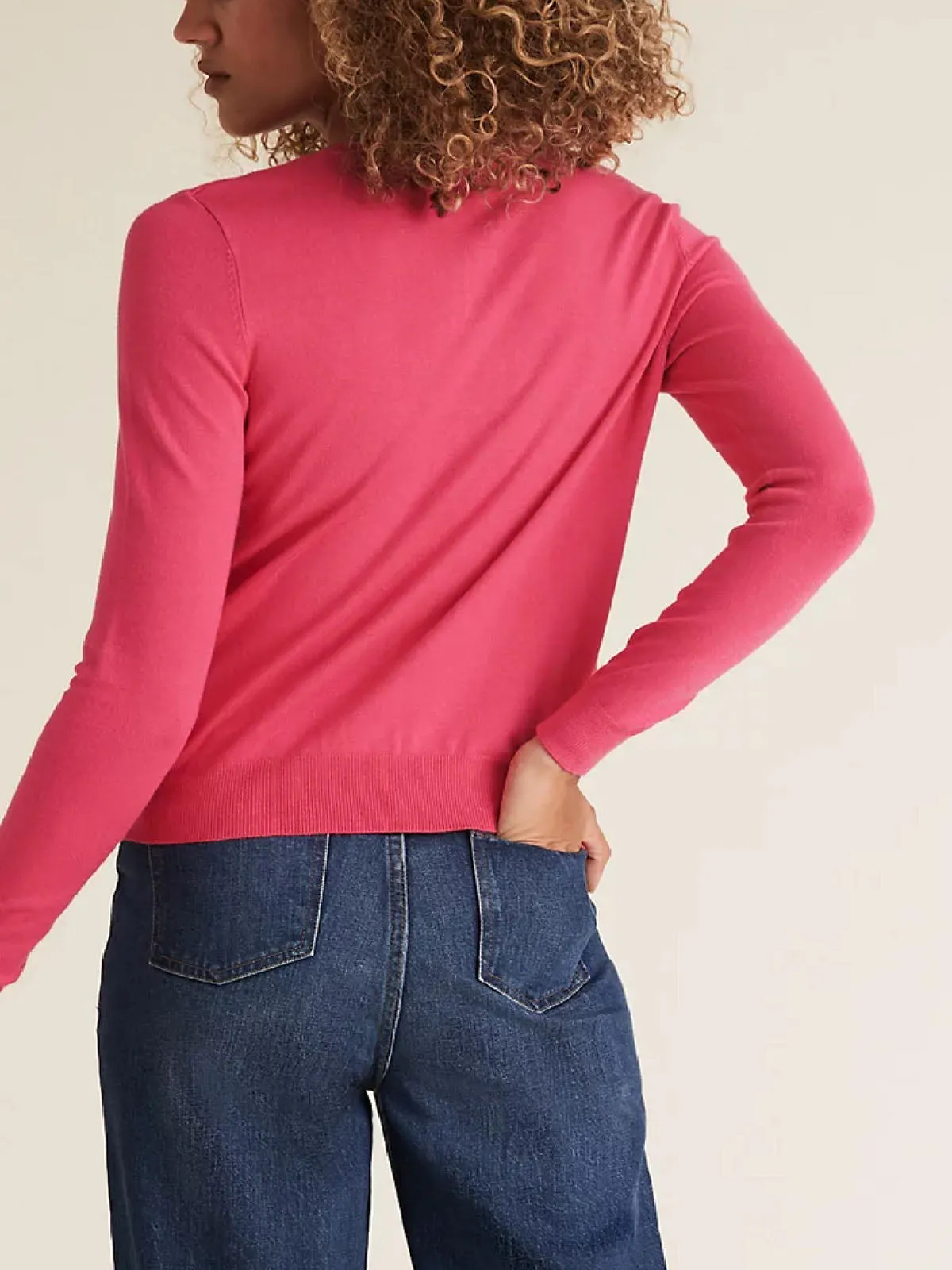 Ladies Hot Pink Soft Knit Crew Neck Button Down Cardigan
