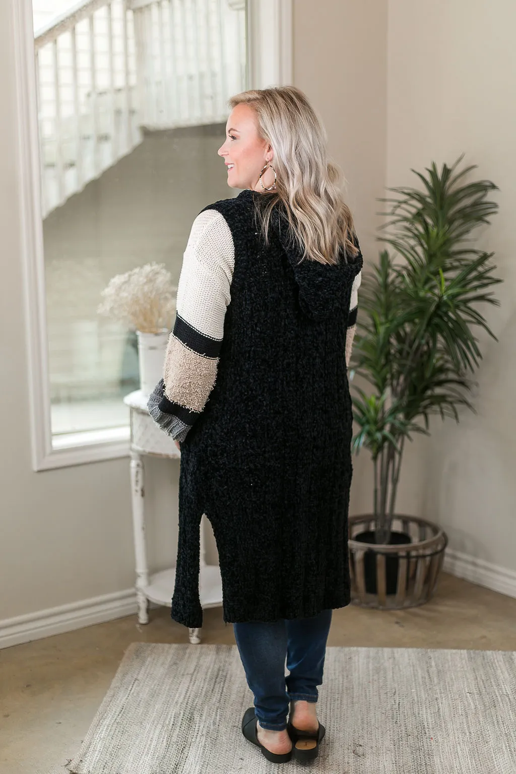 Last Chance Size S/M | Easy Days Long Chenille Knit Vest with Hood in Black