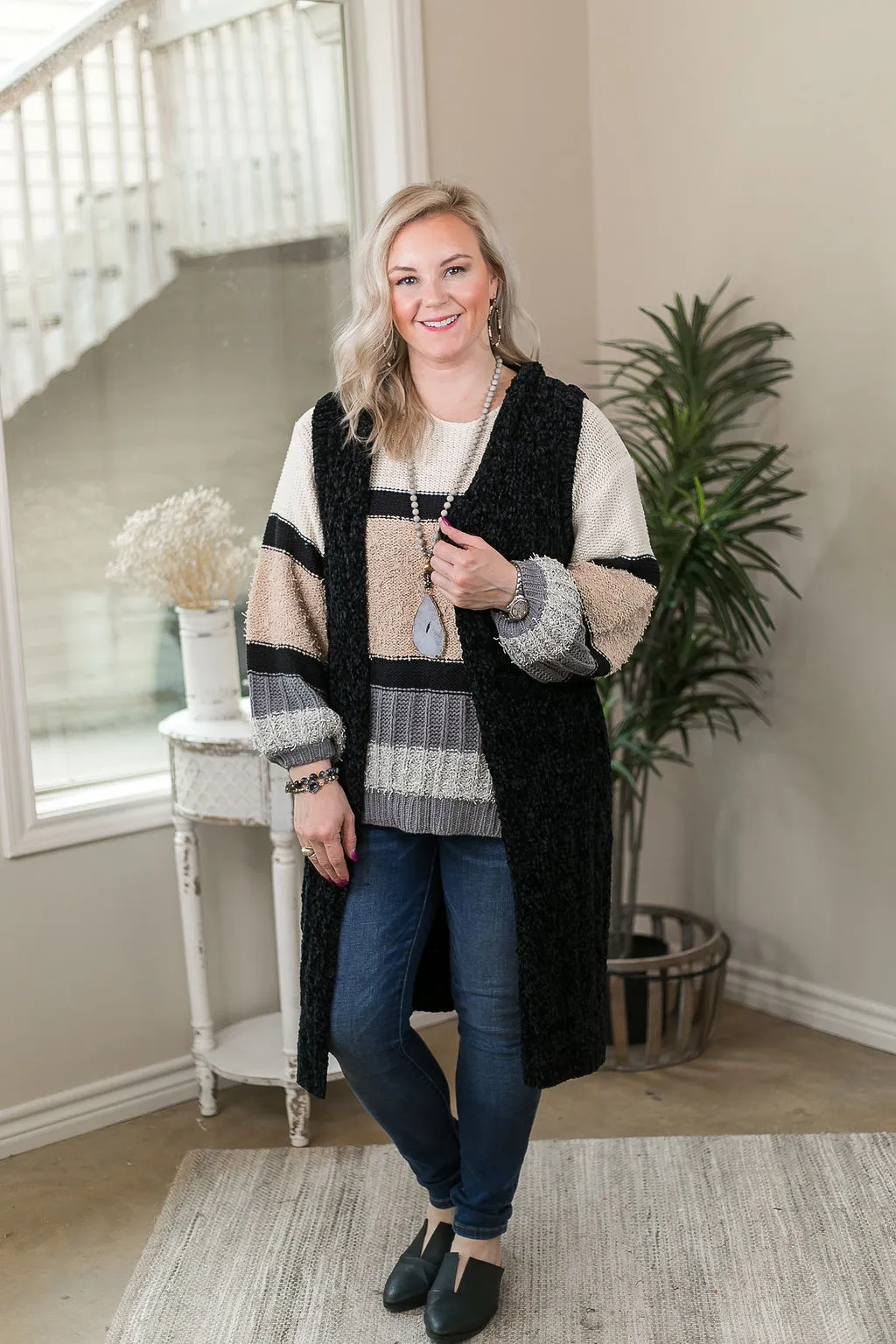 Last Chance Size S/M | Easy Days Long Chenille Knit Vest with Hood in Black