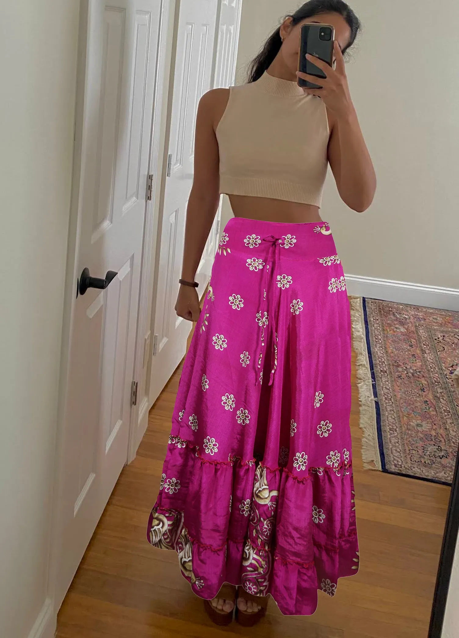 Long Skirt Magenta Pink Floral Beach Maxi Skirt Patchwork Boho Skirt Dress M/L