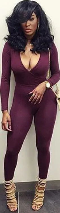 Long Sleeve Deep V-neck Pure Color Slim Long Jumpsuit