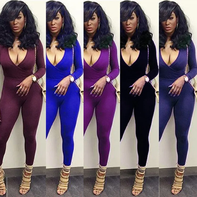 Long Sleeve Deep V-neck Pure Color Slim Long Jumpsuit
