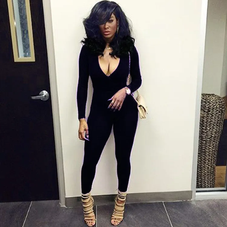 Long Sleeve Deep V-neck Pure Color Slim Long Jumpsuit