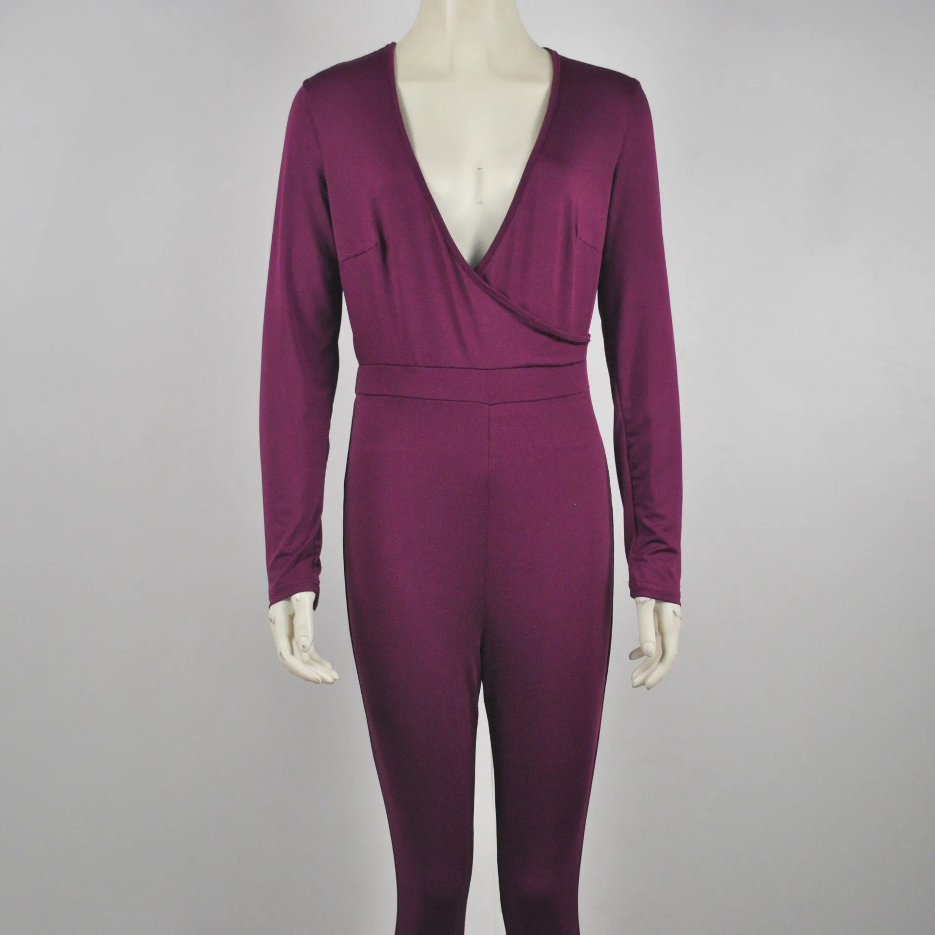 Long Sleeve Deep V-neck Pure Color Slim Long Jumpsuit