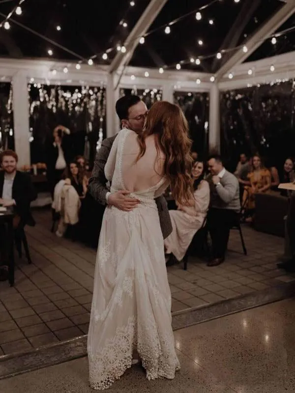 Long Sleeve Ivory Sheath Backless Lace Applique Long Boho Wedding Dress PFW0017