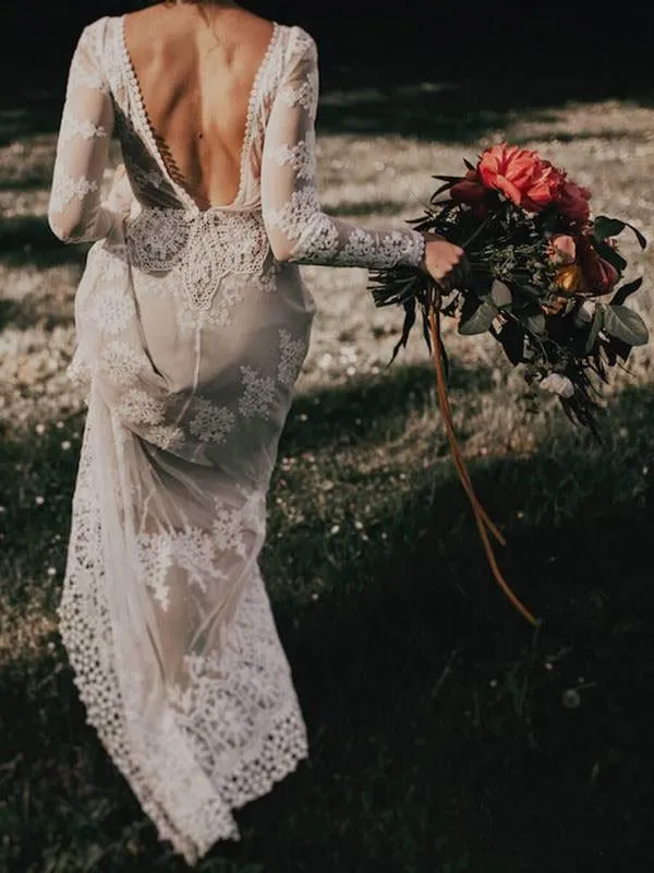 Long Sleeve Ivory Sheath Backless Lace Applique Long Boho Wedding Dress PFW0017