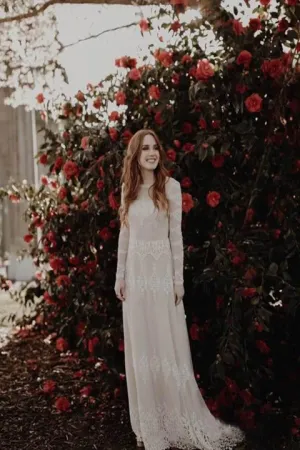 Long Sleeve Ivory Sheath Backless Lace Applique Long Boho Wedding Dress PFW0017