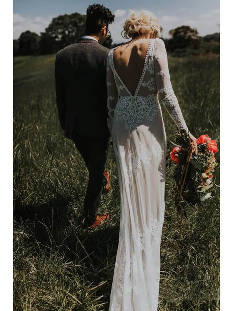 Long Sleeve Ivory Sheath Backless Lace Applique Long Boho Wedding Dress PFW0017
