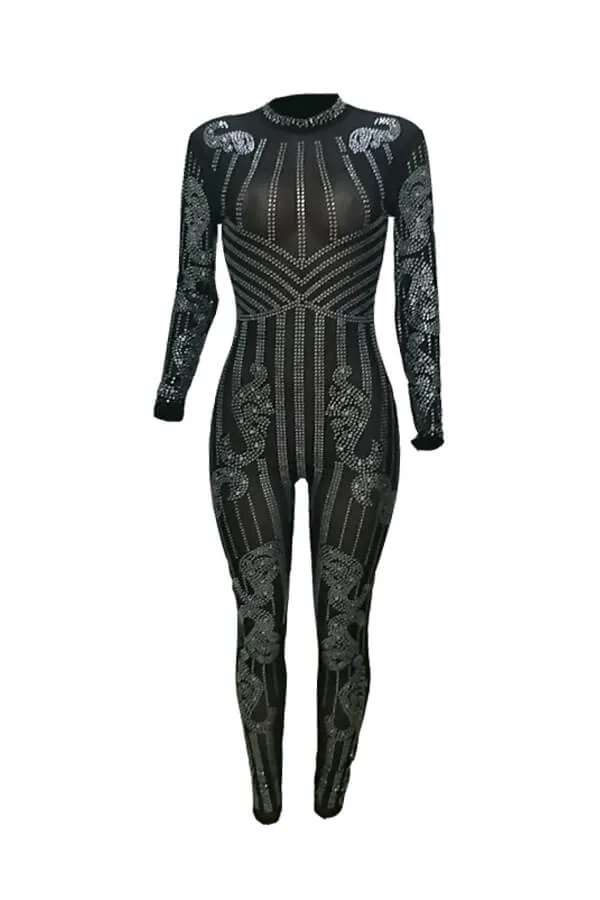 Long Sleeve See Through Rhinestone Bodycon Jumpsuit