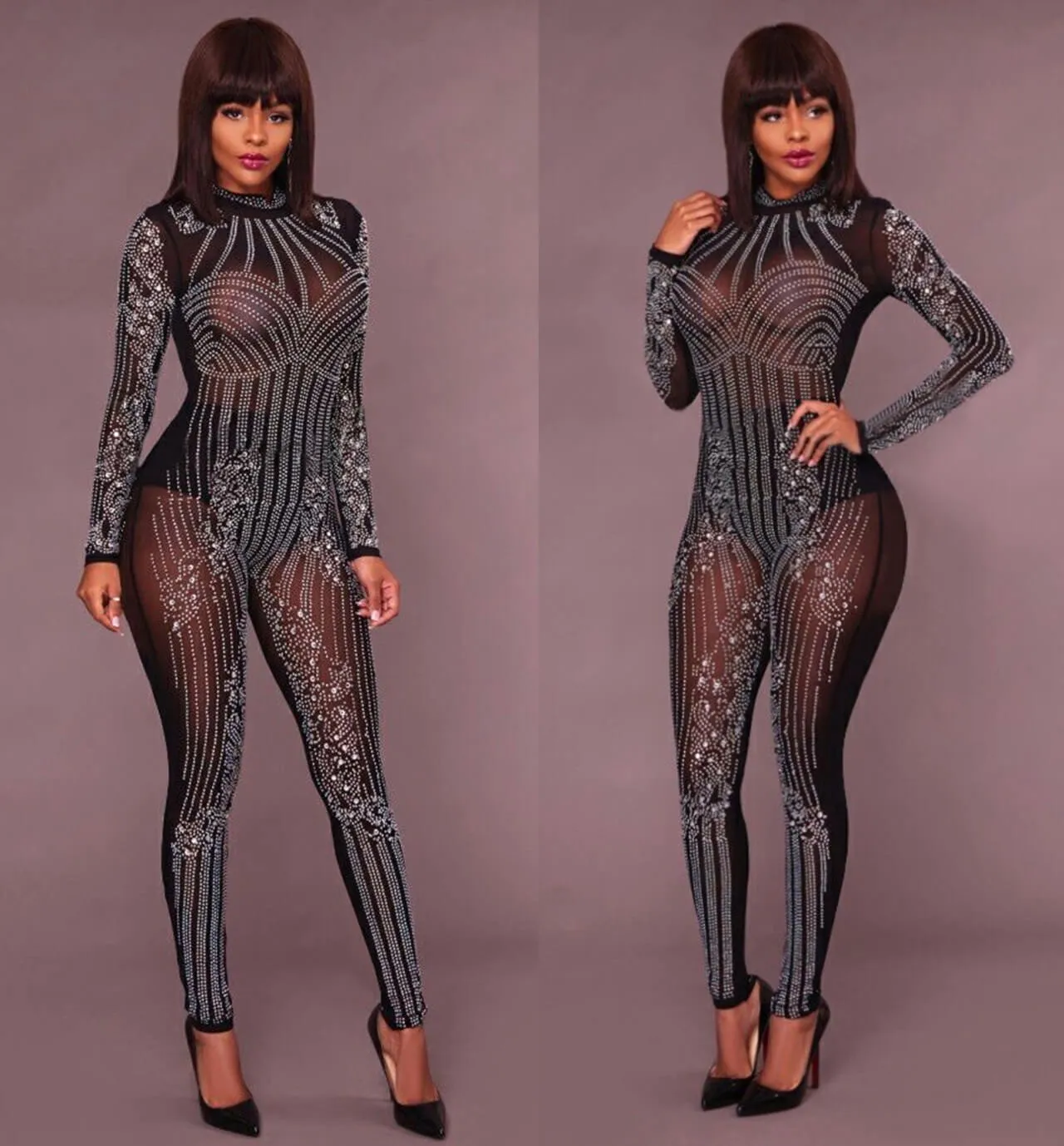 Long Sleeve See Through Rhinestone Bodycon Jumpsuit