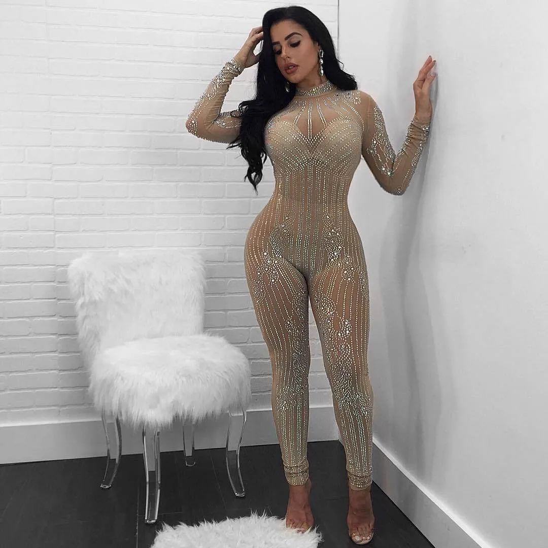 Long Sleeve See Through Rhinestone Bodycon Jumpsuit