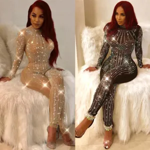Long Sleeve See Through Rhinestone Bodycon Jumpsuit