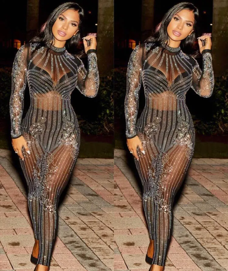 Long Sleeve See Through Rhinestone Bodycon Jumpsuit