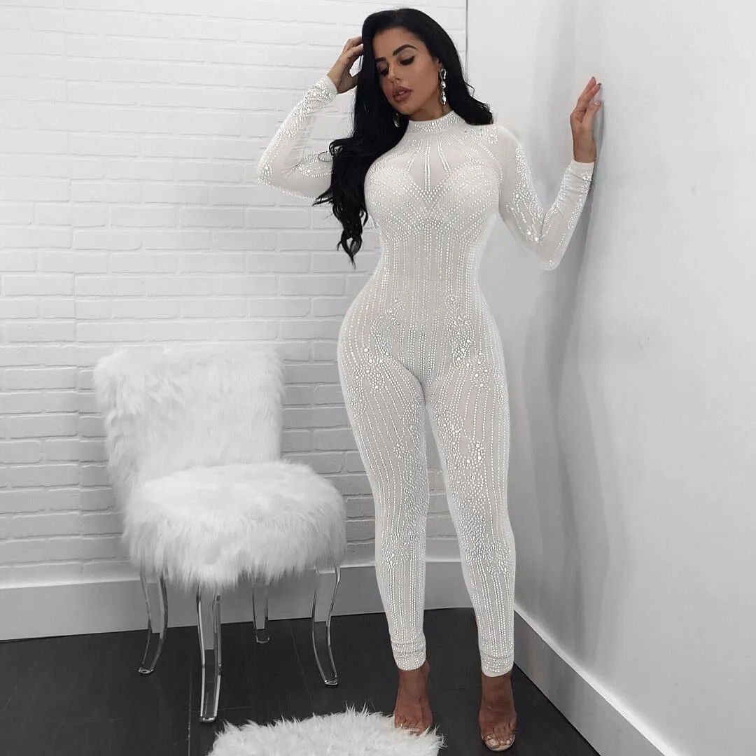 Long Sleeve See Through Rhinestone Bodycon Jumpsuit