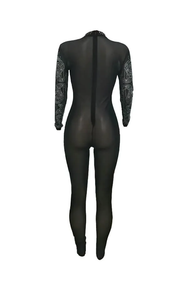 Long Sleeve See Through Rhinestone Bodycon Jumpsuit