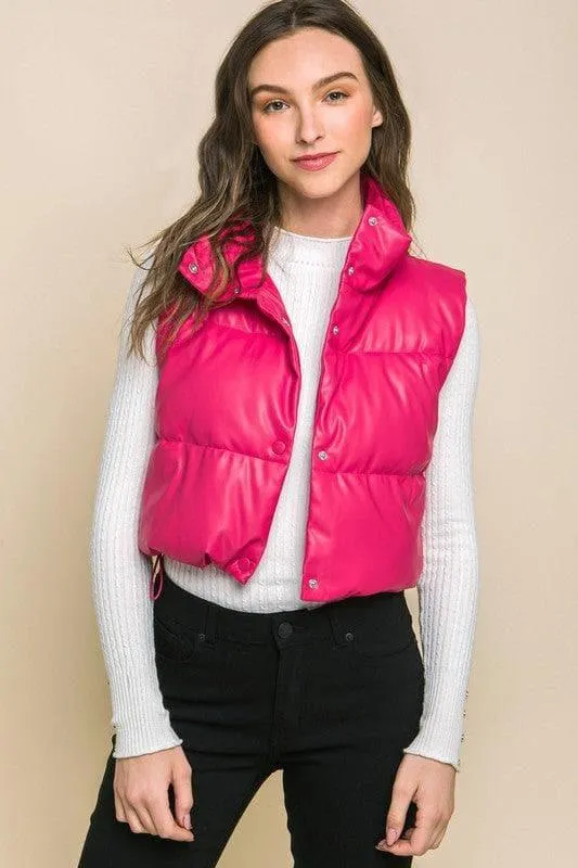 Love Tree Faux Leather Puffer Vest With Snap Button