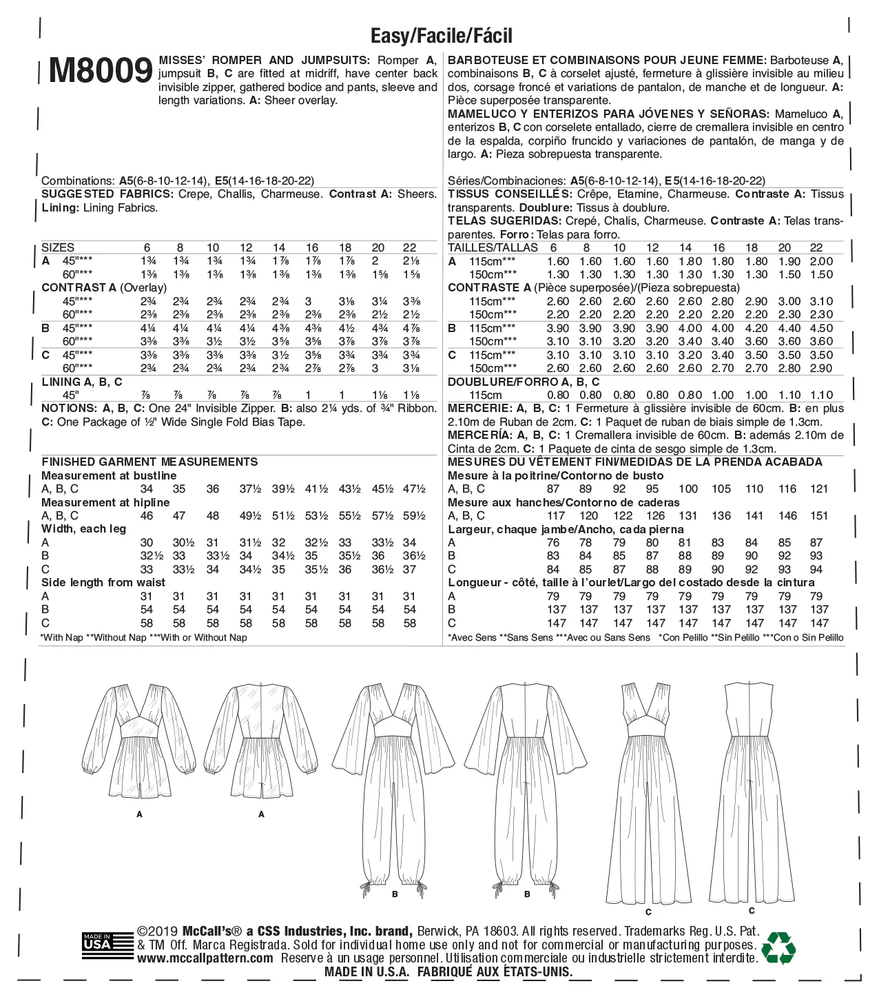 M8009 Misses' Romper and Jumpsuits