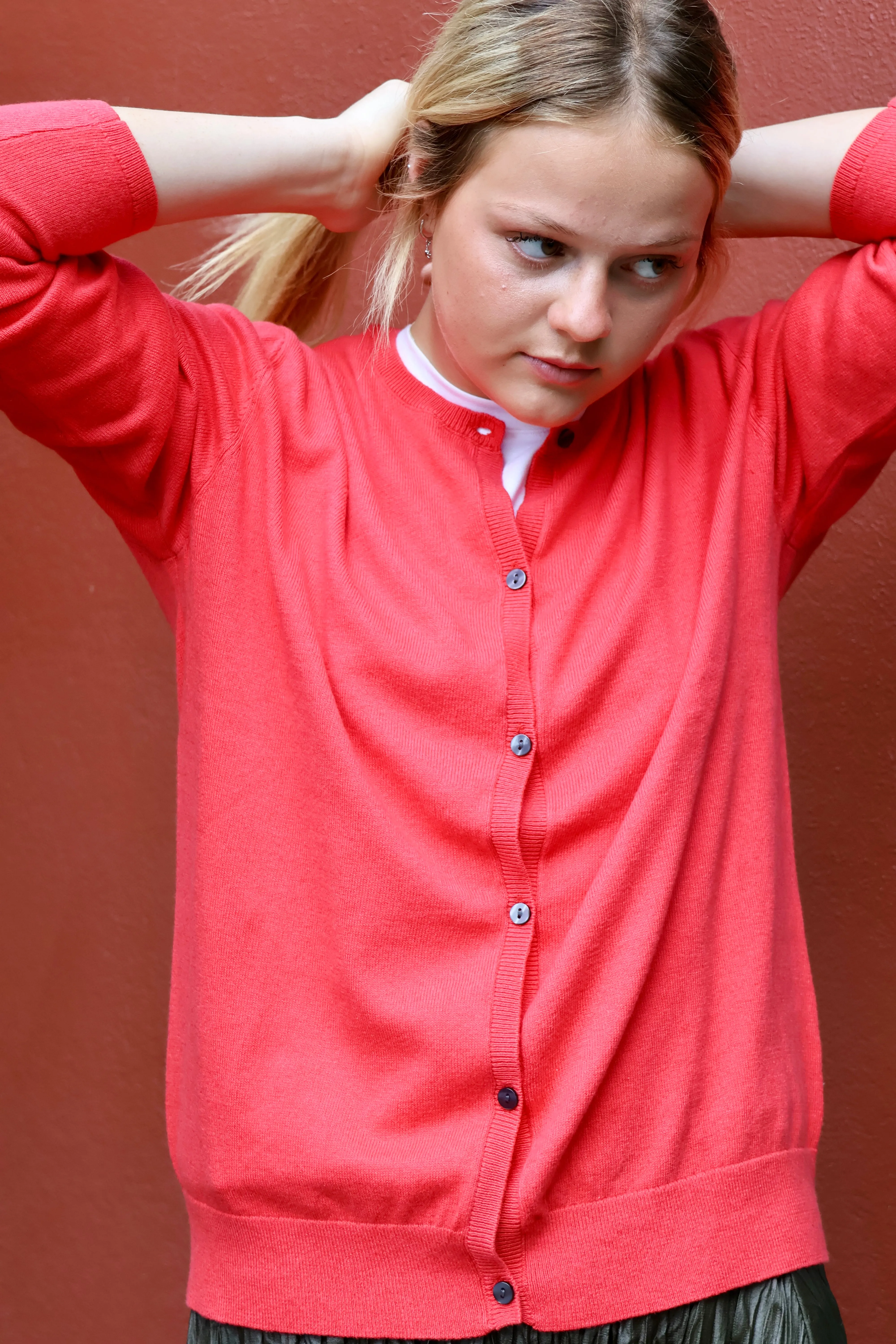 Malachite Yarnsmith Round Neck Cardigan Coral