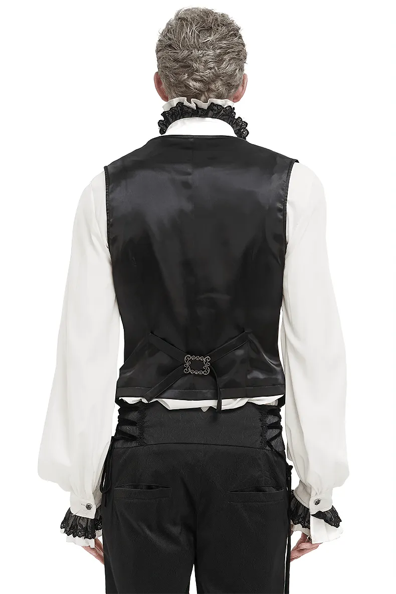 Male Black Jacquard Waistcoat / Men's Waistcoats with Patterned Metal Buttons and Belt on Back