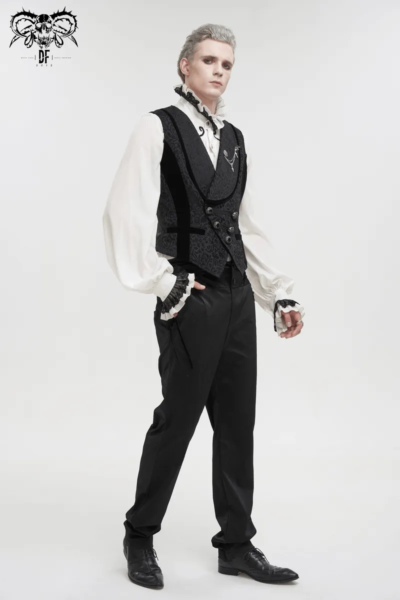 Male Black Jacquard Waistcoat / Men's Waistcoats with Patterned Metal Buttons and Belt on Back