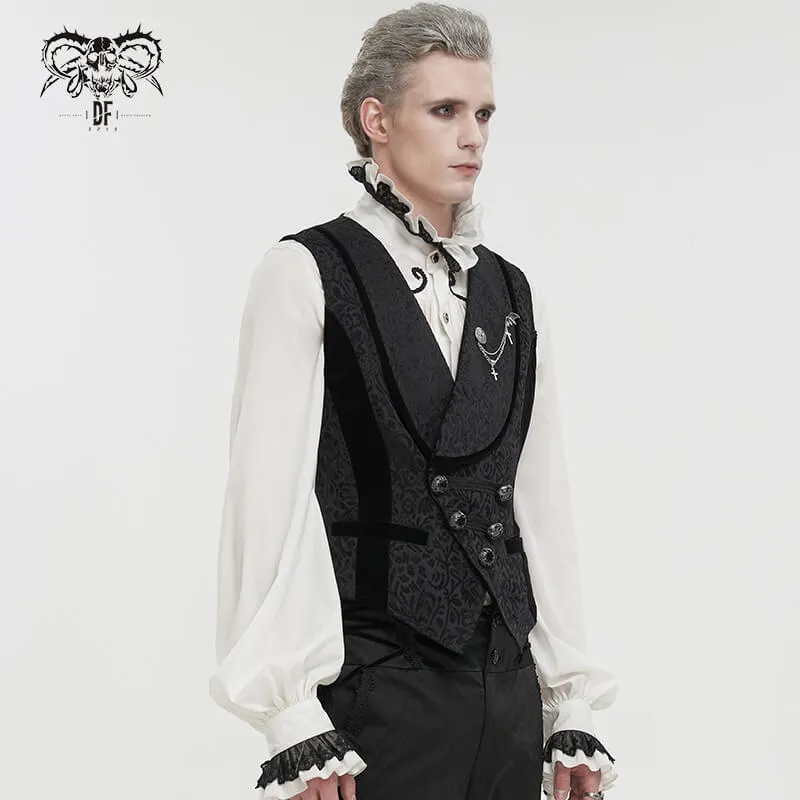 Male Black Jacquard Waistcoat / Men's Waistcoats with Patterned Metal Buttons and Belt on Back