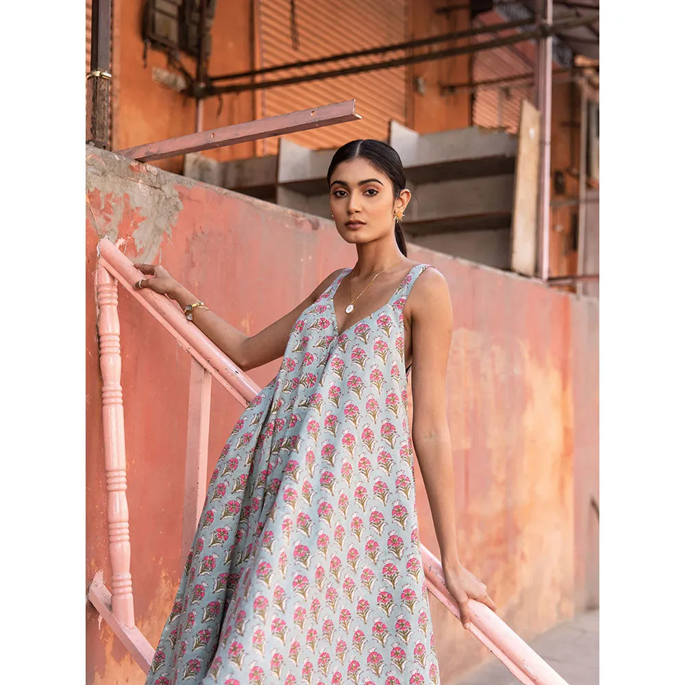 MARCHE Truly Tropical Grey Printed Cotton Draped Jumpsuit