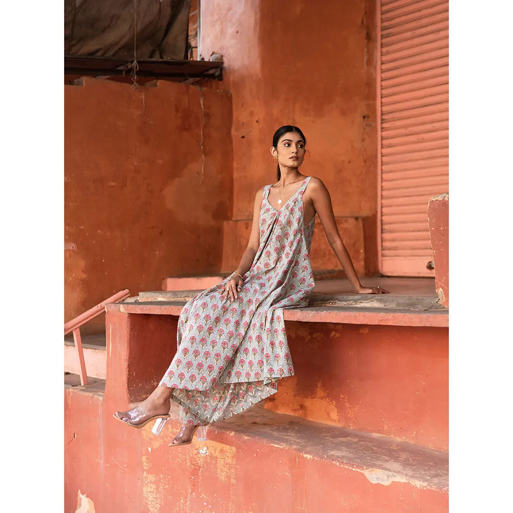 MARCHE Truly Tropical Grey Printed Cotton Draped Jumpsuit