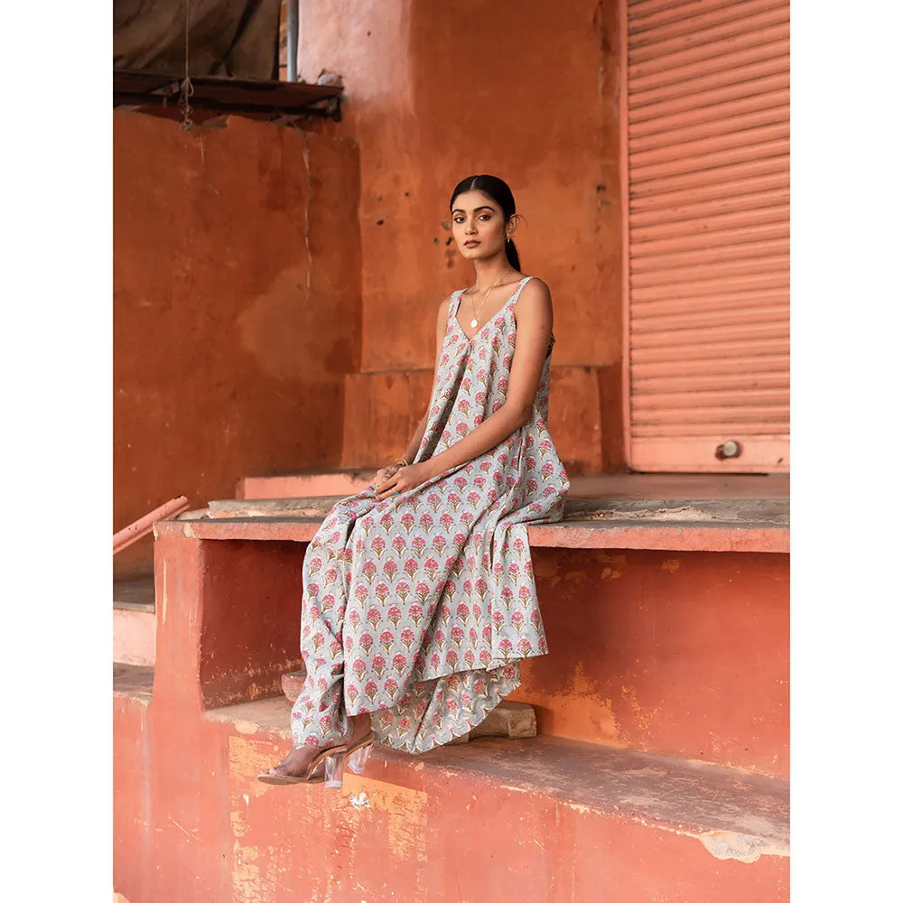 MARCHE Truly Tropical Grey Printed Cotton Draped Jumpsuit