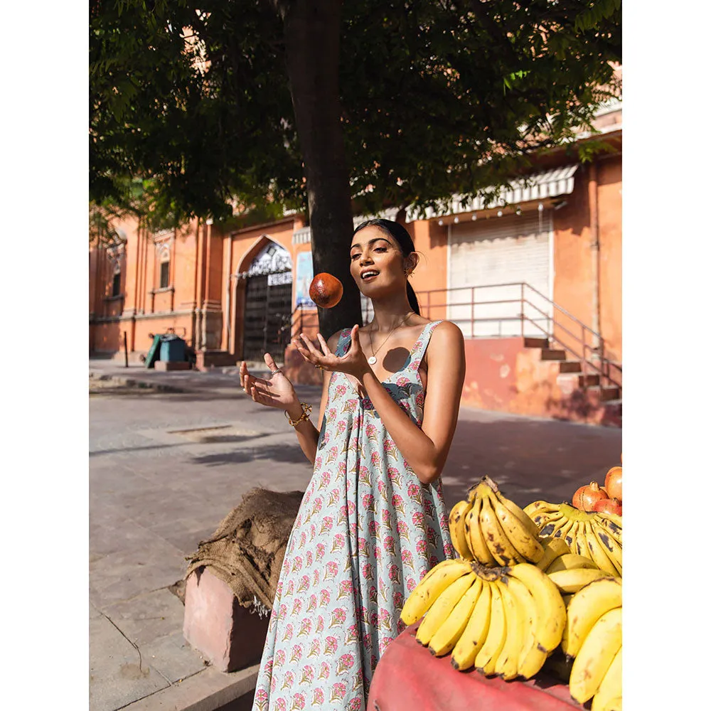 MARCHE Truly Tropical Grey Printed Cotton Draped Jumpsuit