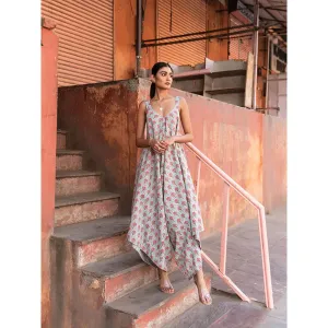 MARCHE Truly Tropical Grey Printed Cotton Draped Jumpsuit
