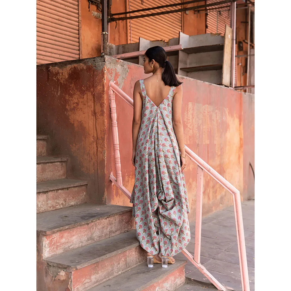 MARCHE Truly Tropical Grey Printed Cotton Draped Jumpsuit