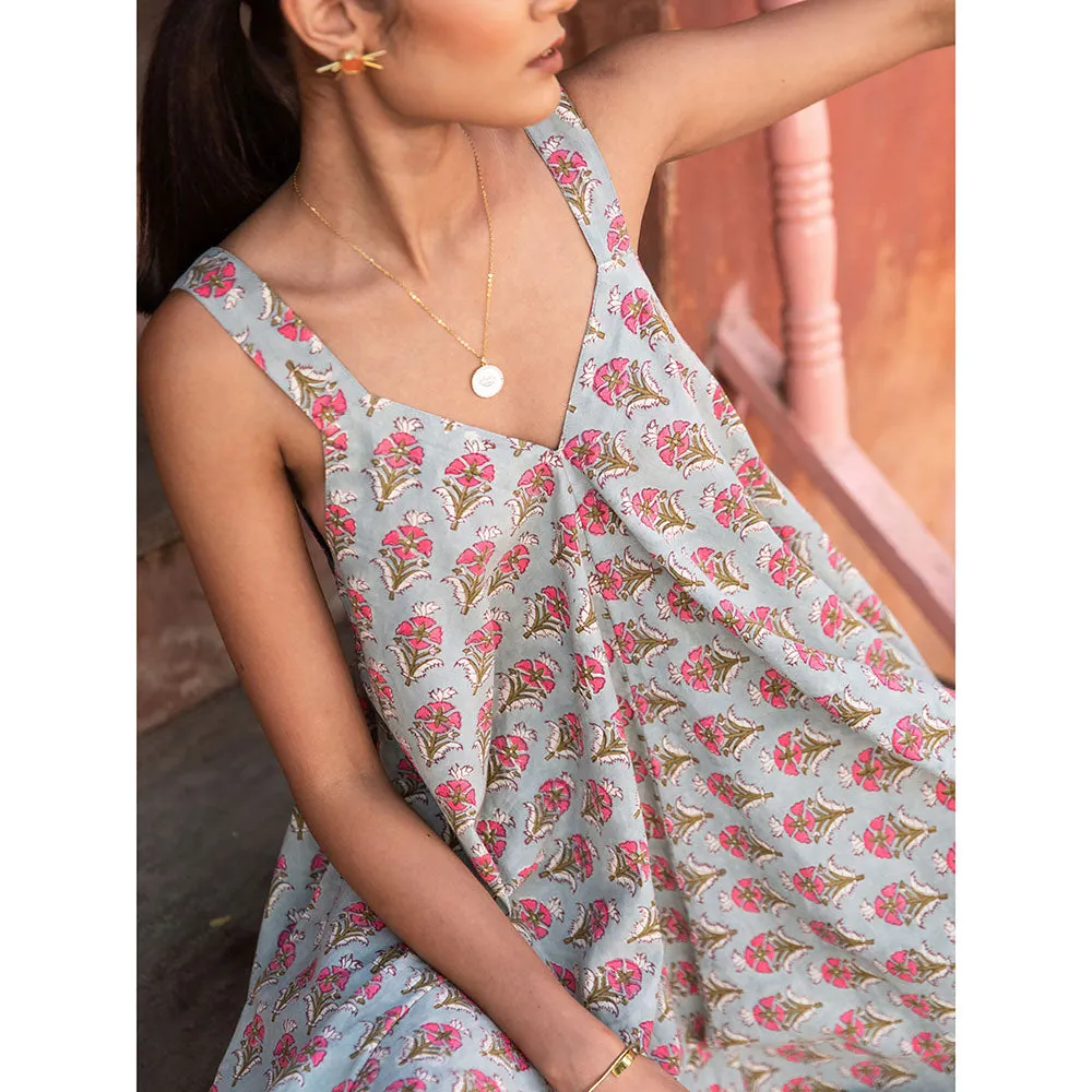 MARCHE Truly Tropical Grey Printed Cotton Draped Jumpsuit