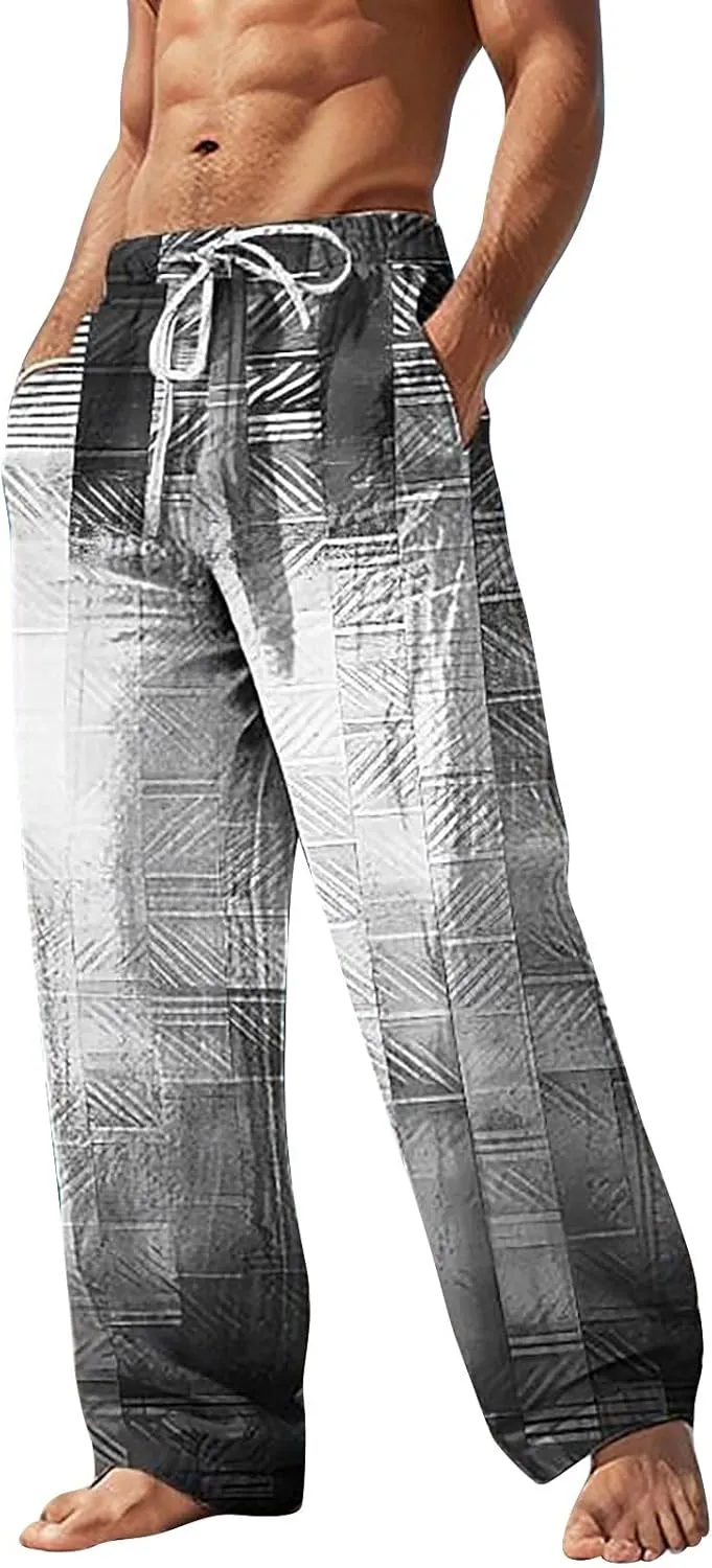 Mens Casual Pants Relaxed Fit Trendy Gradient Beach Slacks Straight Leg Drawstring Elastic Waist Trousers for Summer