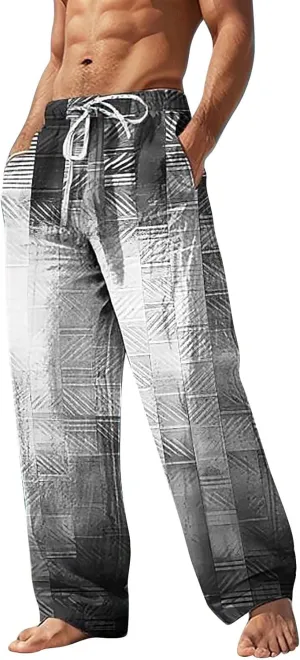 Mens Casual Pants Relaxed Fit Trendy Gradient Beach Slacks Straight Leg Drawstring Elastic Waist Trousers for Summer