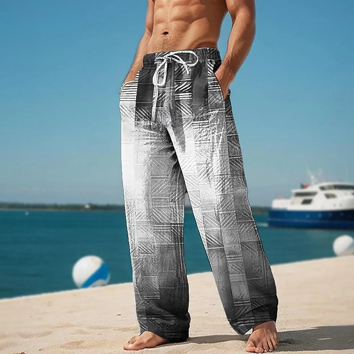 Mens Casual Pants Relaxed Fit Trendy Gradient Beach Slacks Straight Leg Drawstring Elastic Waist Trousers for Summer