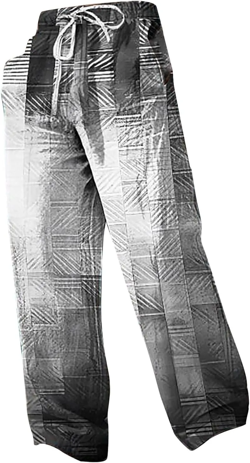 Mens Casual Pants Relaxed Fit Trendy Gradient Beach Slacks Straight Leg Drawstring Elastic Waist Trousers for Summer