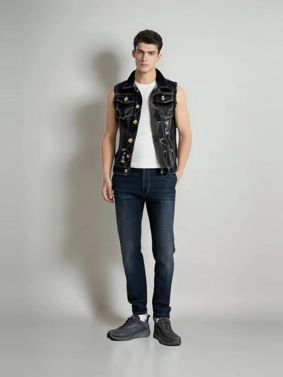 Men's Gothic Vintage Black Denim Vest for DIY Goth Outfit – Sleeveless Hole Jeans Jacket for Spring & Autumn