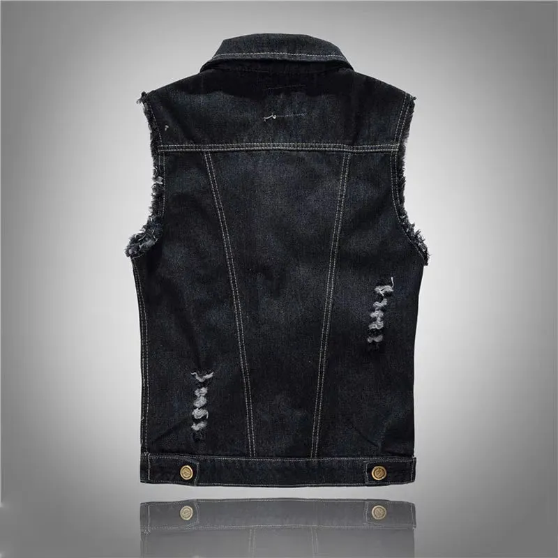 Men's Gothic Vintage Black Denim Vest for DIY Goth Outfit – Sleeveless Hole Jeans Jacket for Spring & Autumn