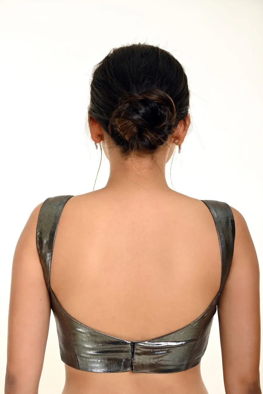 Metallic Silver Sleeveless Blouse with Queen Anne Neckline