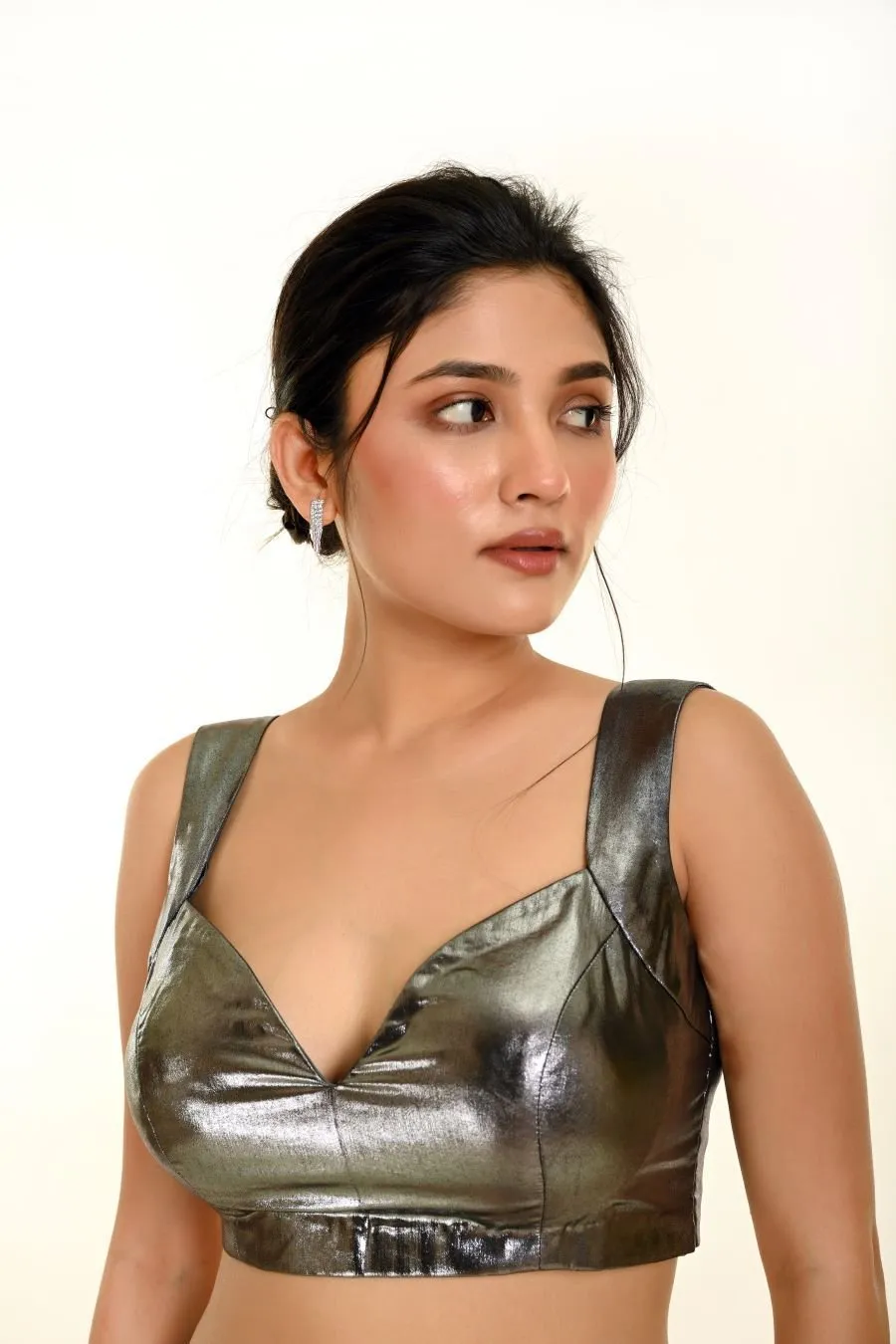 Metallic Silver Sleeveless Blouse with Queen Anne Neckline