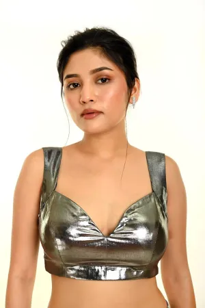 Metallic Silver Sleeveless Blouse with Queen Anne Neckline