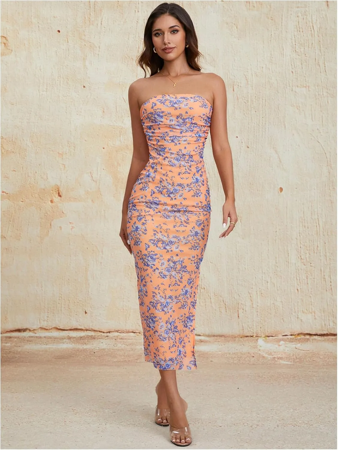 Milumia Women's Summer Disty Floral Bodycon Maxi Dress Boho Strapless Mesh Tube Dresses