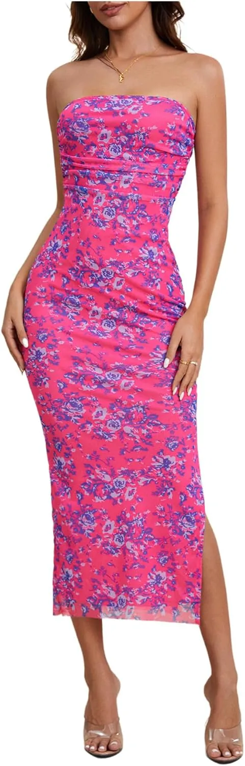 Milumia Women's Summer Disty Floral Bodycon Maxi Dress Boho Strapless Mesh Tube Dresses