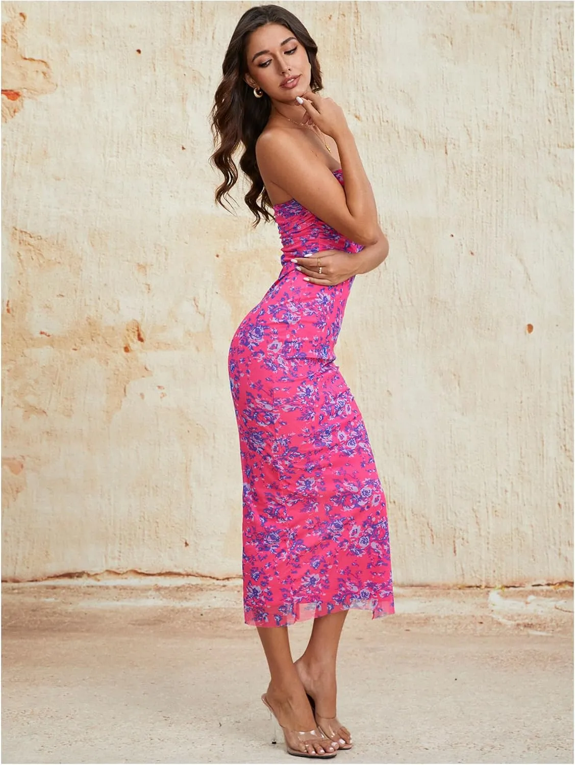 Milumia Women's Summer Disty Floral Bodycon Maxi Dress Boho Strapless Mesh Tube Dresses